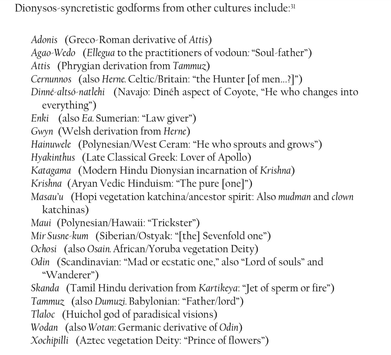 Screenshot of a list from The God Who Comes where Taylor-Perry claims Dionysos is syncretic with various deities, including the Dine Coyote, Hopi Masau'u, Hawaiian Maui, Yoruba Ochosi, and more.